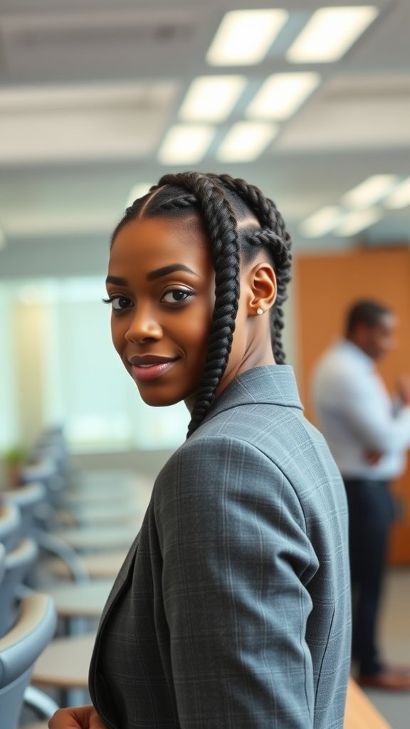 A woman with small knotless braids wearing a business suit in an office setting.