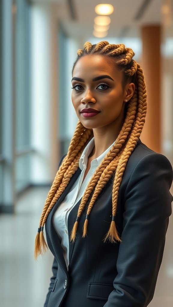 A professional woman with honey blonde knotless braids wearing a suit in an office setting.