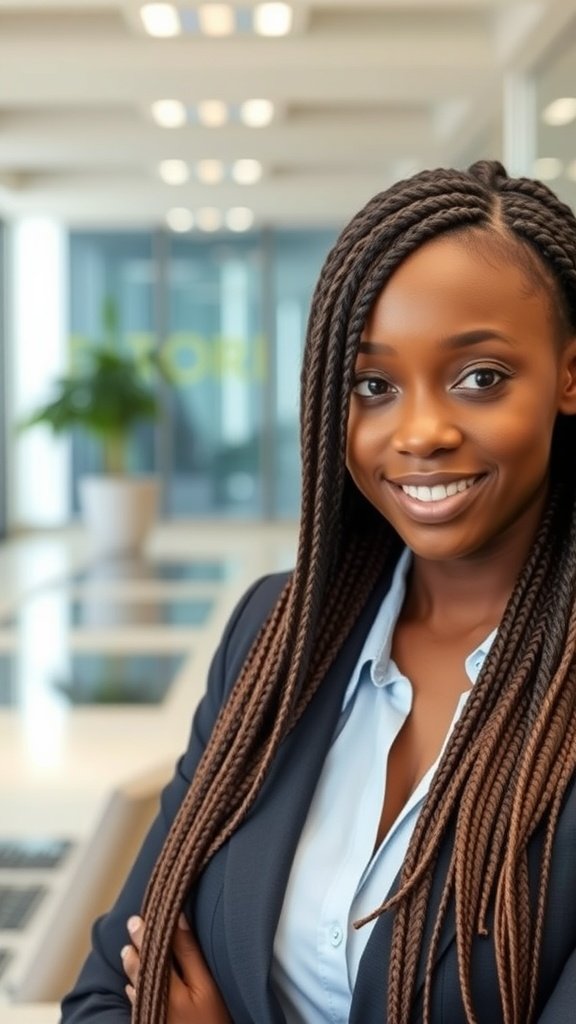 A woman with brown knotless braids in a professional setting, smiling confidently