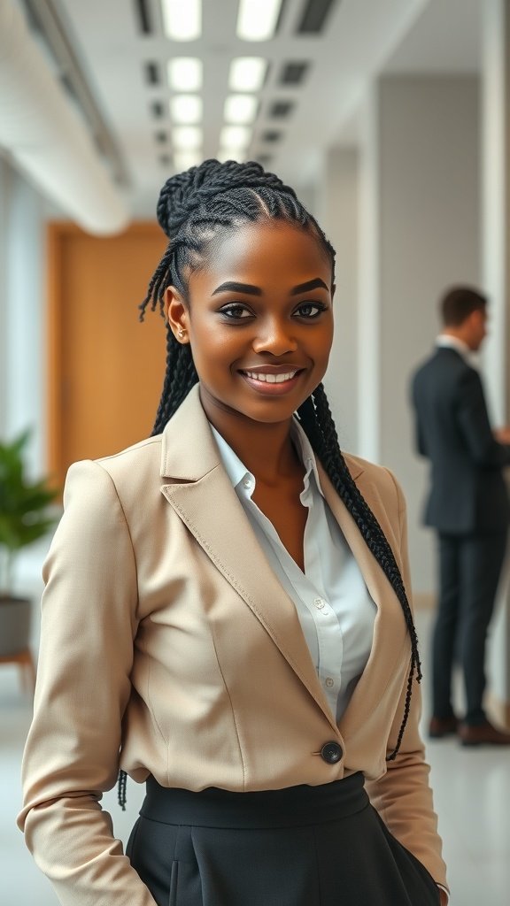 A woman in a professional setting with knotless braids and curly ends, wearing a beige blazer and smiling confidently.