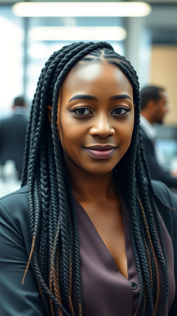 A woman with knotless braids and curly ends, dressed in professional attire, exuding confidence in a modern office environment.
