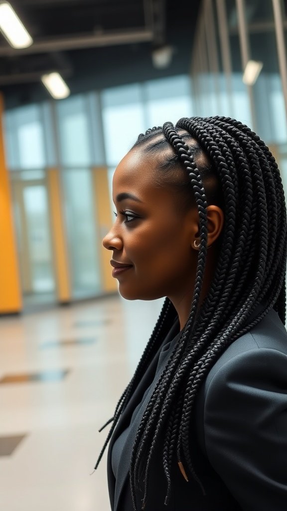 A woman with medium boho knotless braids, dressed professionally, showcasing a sleek hairstyle suitable for the office.