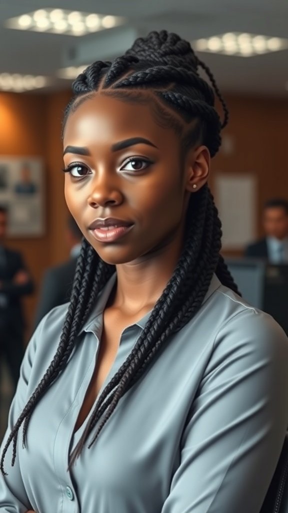 A woman with short bohemian knotless braids in a professional setting, wearing a gray blouse.