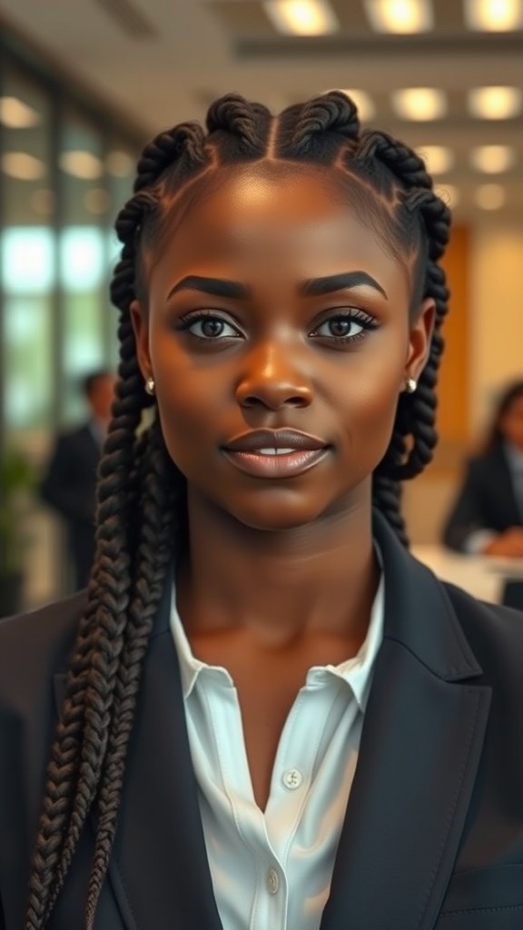 A confident individual with short knotless braids in a professional setting.