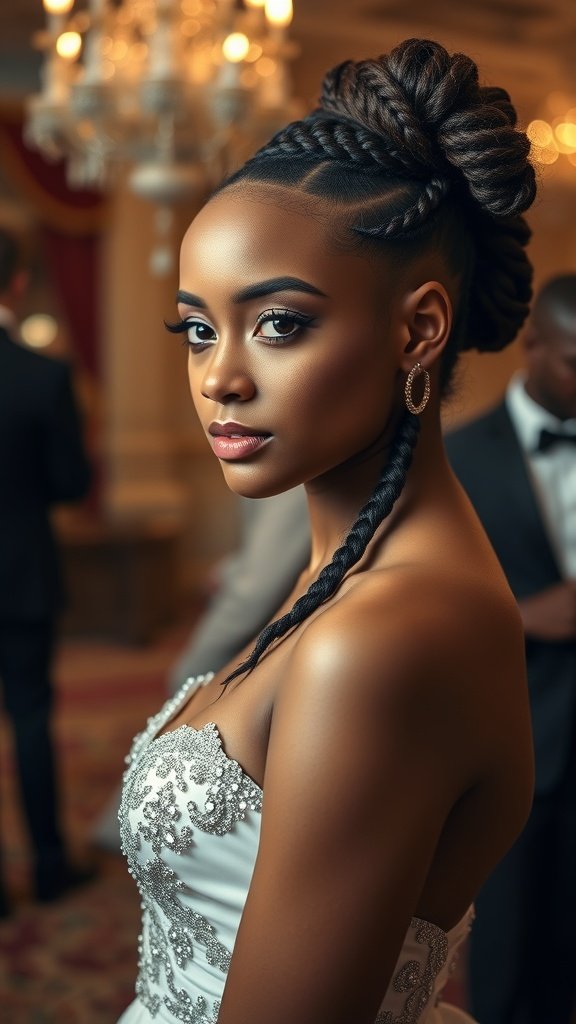 A woman with elegant knotless braids styled in an updo, wearing a beautiful dress, perfect for prom.
