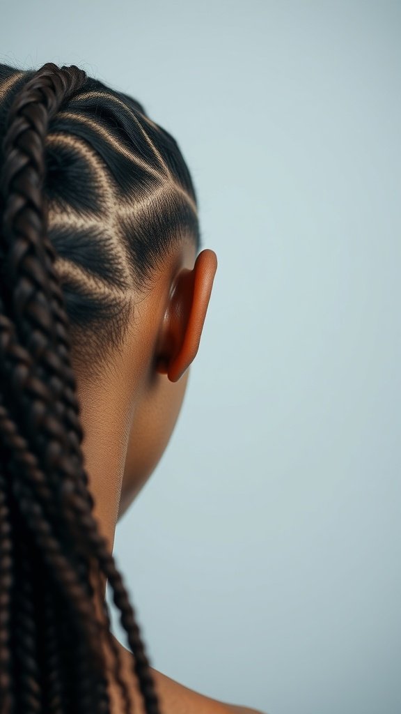 A close-up view of knotless braids showcasing intricate patterns and neat styling.