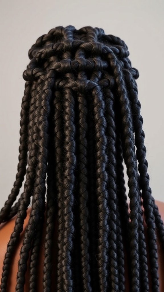 A close-up view of a person's back with long, neatly styled knotless braids.