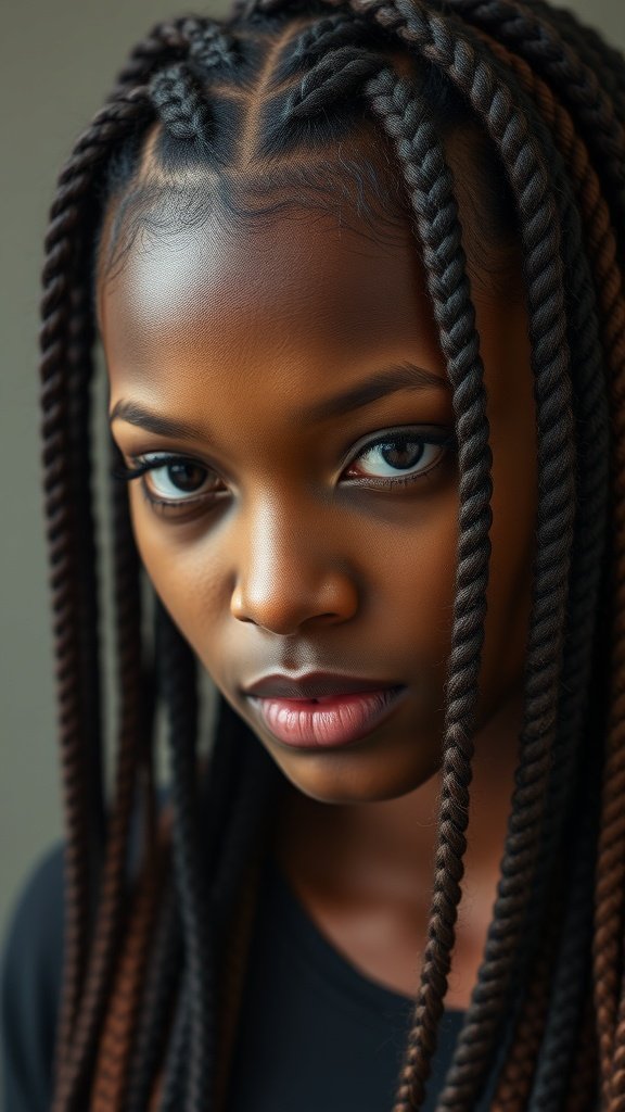 A close-up of a person with small knotless braids, showcasing a neat and stylish protective hairstyle.