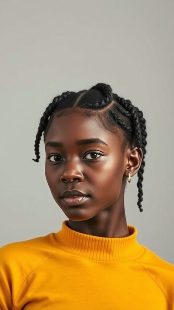 A young woman with short knotless braids, wearing a yellow top, showcasing a trendy protective hairstyle.