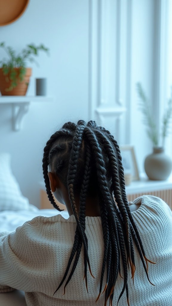 A person with small knotless braids styled neatly, showcasing a relaxed and chic look.