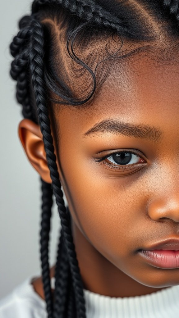Close-up of a young girl with small knotless braids framing her face, showcasing a stylish and neat hairstyle.