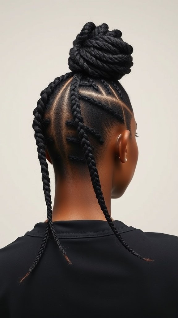A stylish hairstyle featuring a top knot with small knotless braids cascading down.