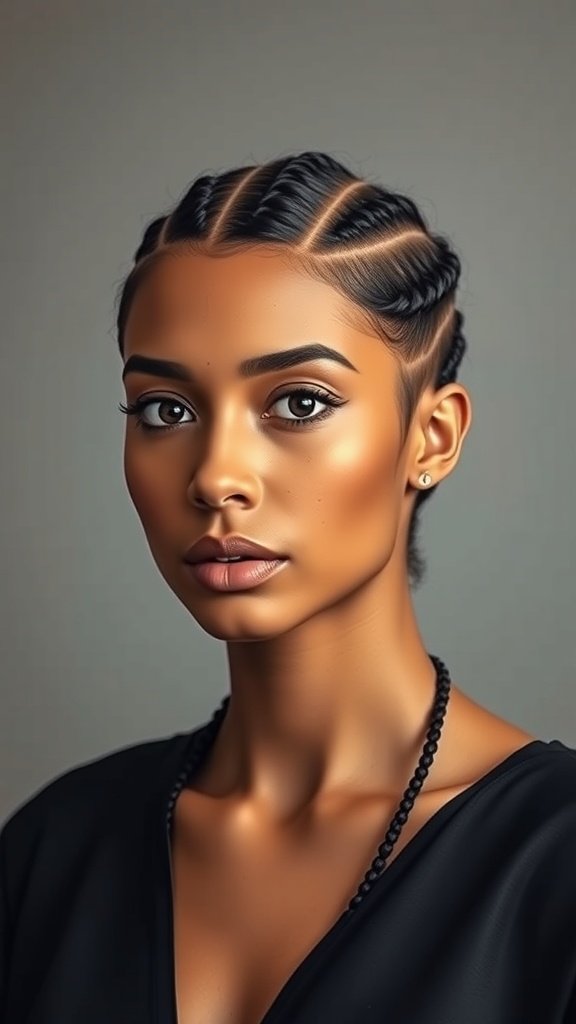 A woman with stylish knotless braids, showcasing a neat and elegant hairstyle.