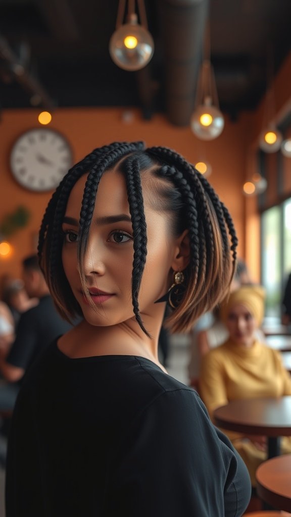 A woman with stylish knotless bob braids in a cafe setting.