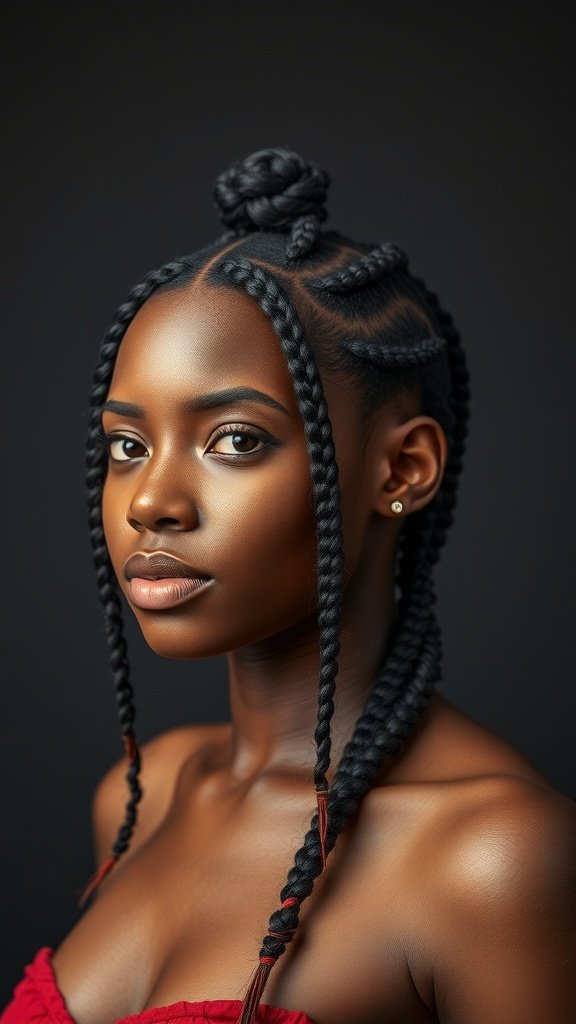 A woman with jumbo boho knotless braids styled in a space bun, showcasing a chic and trendy look.