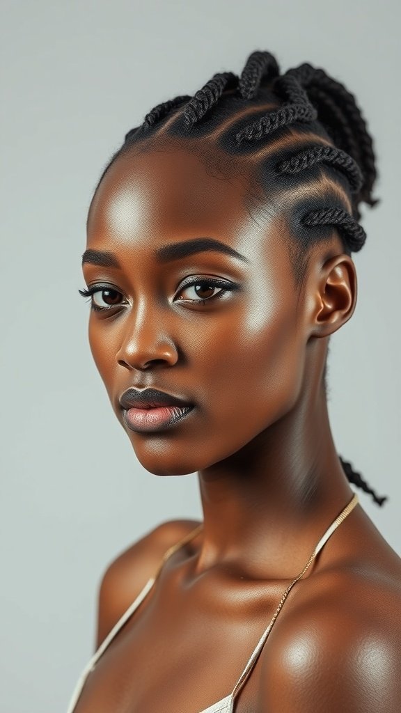 A close-up of a person with small knotless braids, showcasing a sleek hairstyle.