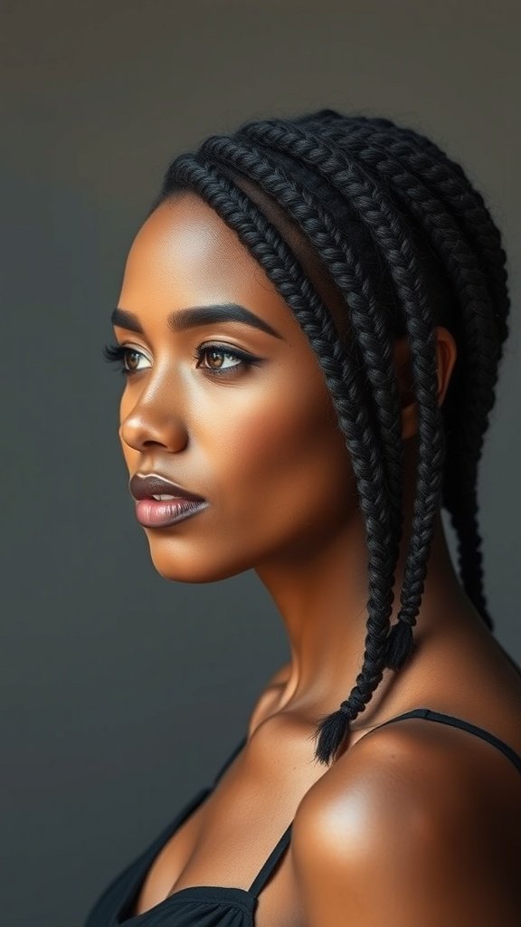 A woman with knotless braids, showcasing a stylish and protective hairstyle for short hair.