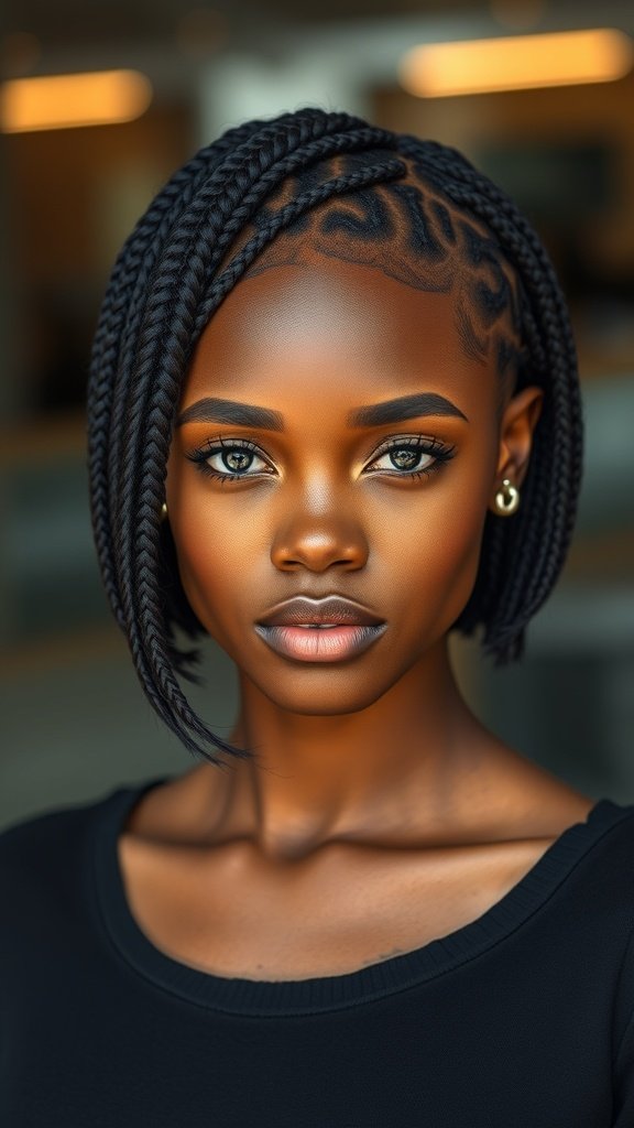 A woman with a stylish bob featuring knotless braids, showcasing a modern and chic hairstyle.