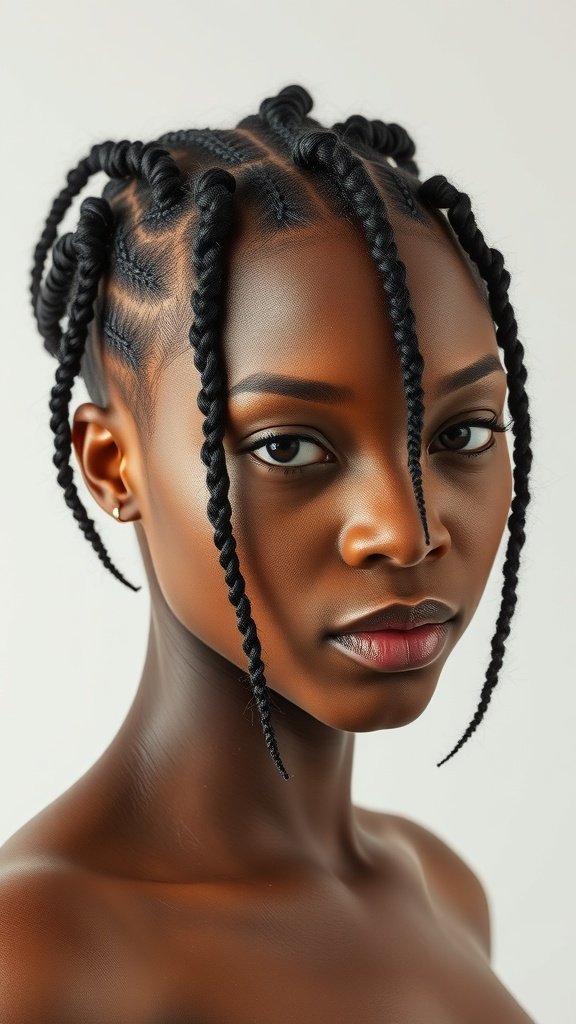 A close-up of a person with stylish knotless braids, showcasing a chic and modern look.