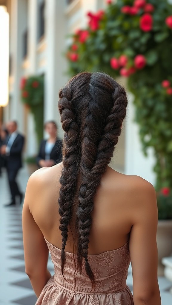 A woman with stylish knotless braids, showcasing an elegant hairstyle for a special event.