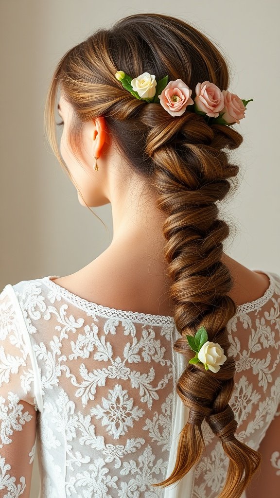 A woman with large boho knotless braids decorated with flowers, showcasing a stylish hairstyle for special events.