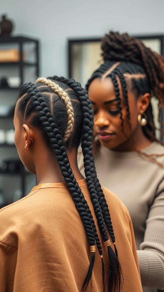 A close-up of a woman getting knotless braids styled, featuring a mix of black and blonde colors.