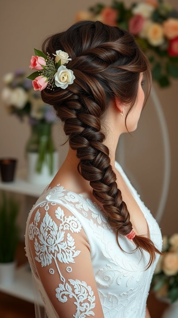 A woman with a beautifully styled braid adorned with flowers, showcasing an elegant hairstyle for special occasions.