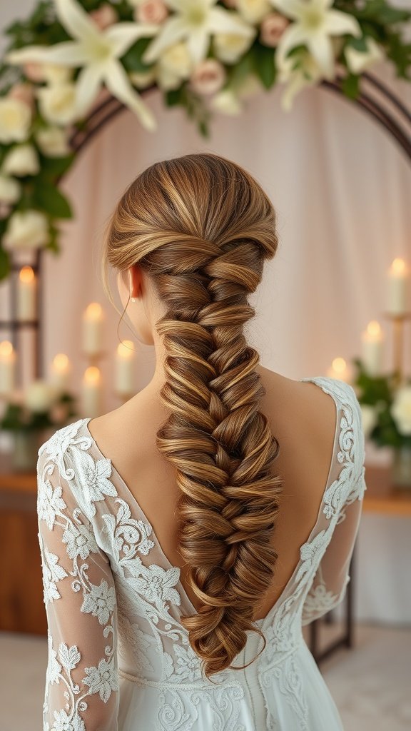 A woman with a beautiful knotless braid hairstyle, wearing a white dress, surrounded by floral decorations.