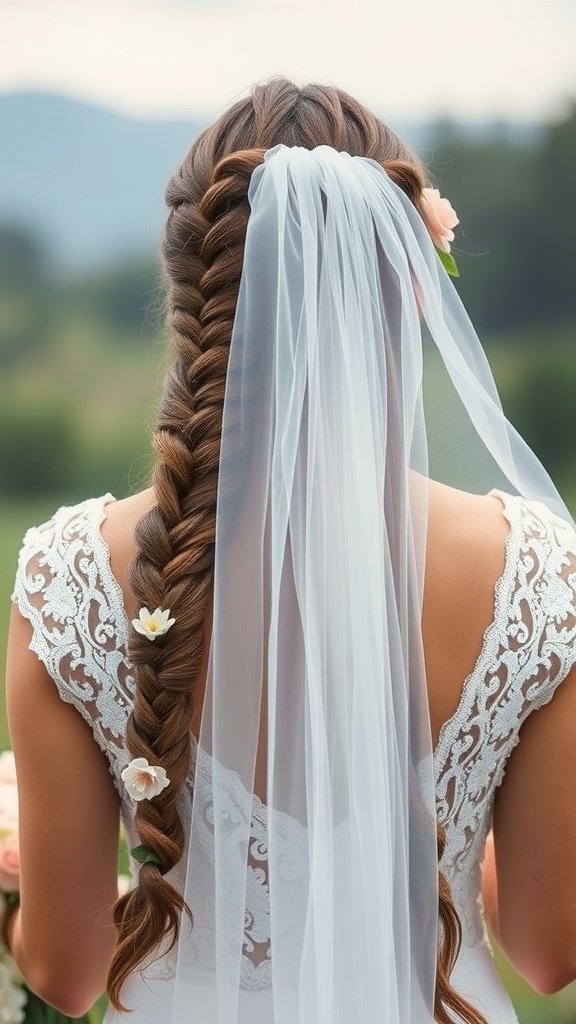A bride with large knotless braids adorned with flowers and a veil