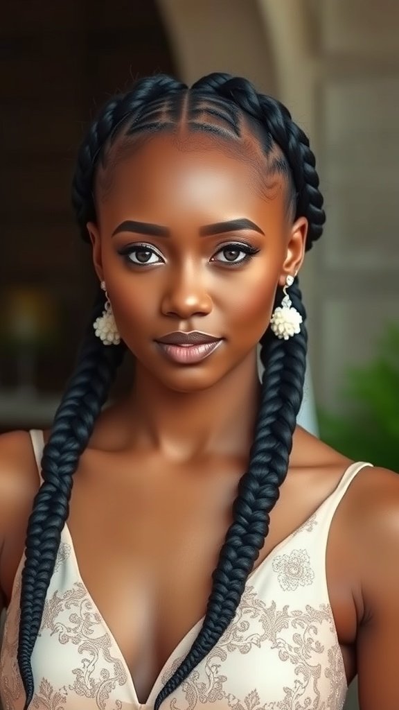 A woman with knotless braids and curly ends, wearing elegant earrings and a stylish outfit.