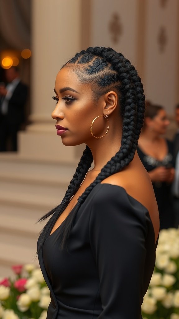 A woman with knotless braids styled elegantly for a special occasion, featuring curly ends.