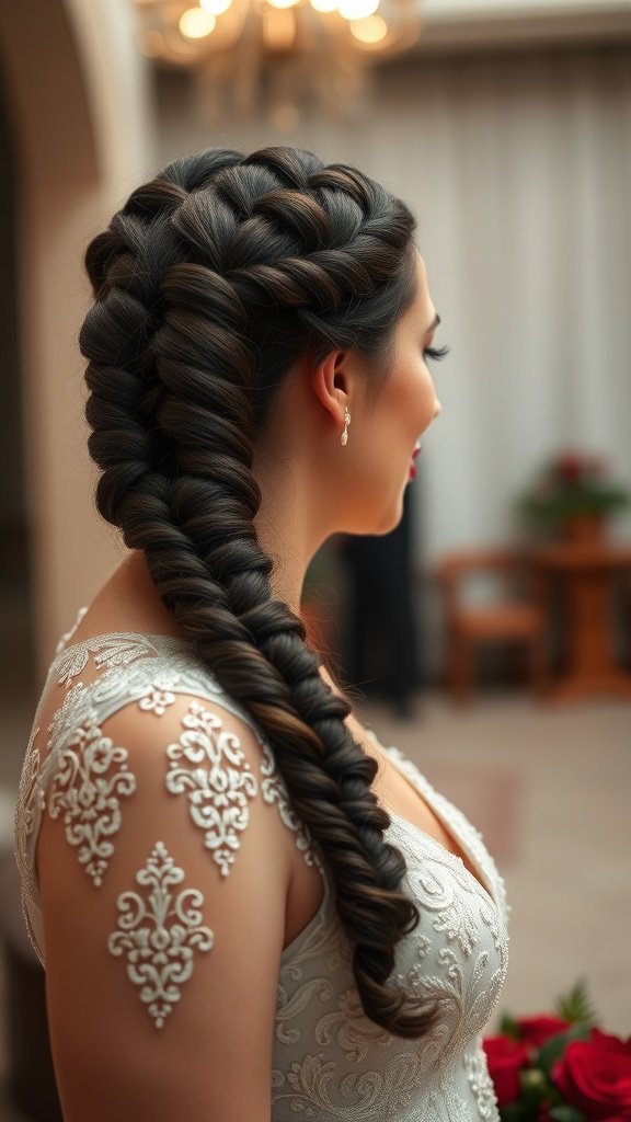 A woman with a beautiful braided hairstyle, showcasing an elegant knotless braid.