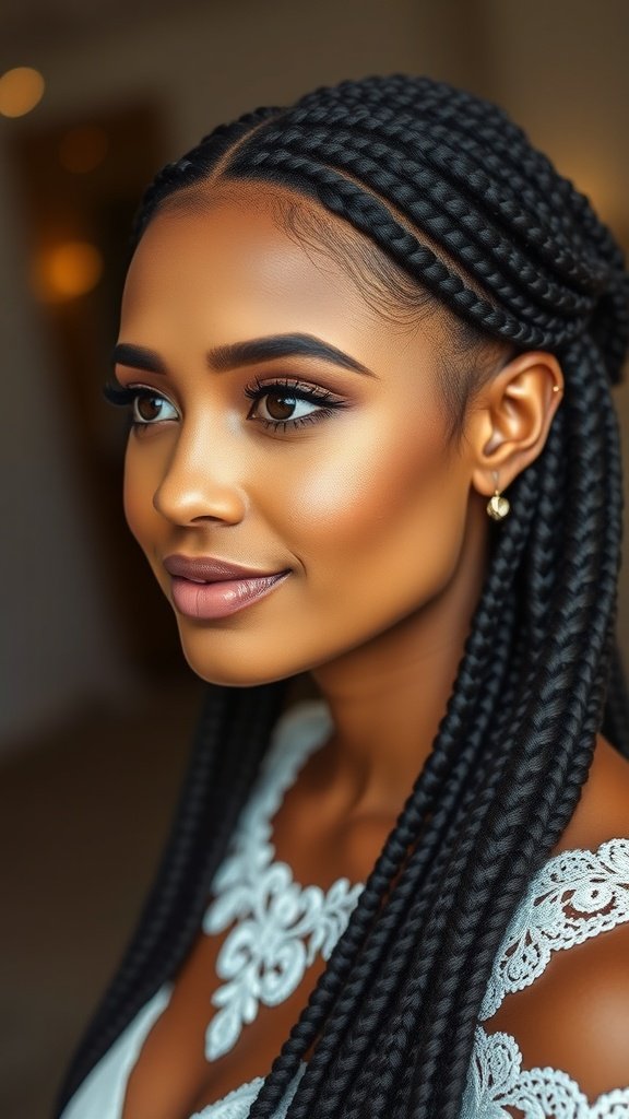 A woman with small boho knotless braids, showcasing a stylish and elegant look.