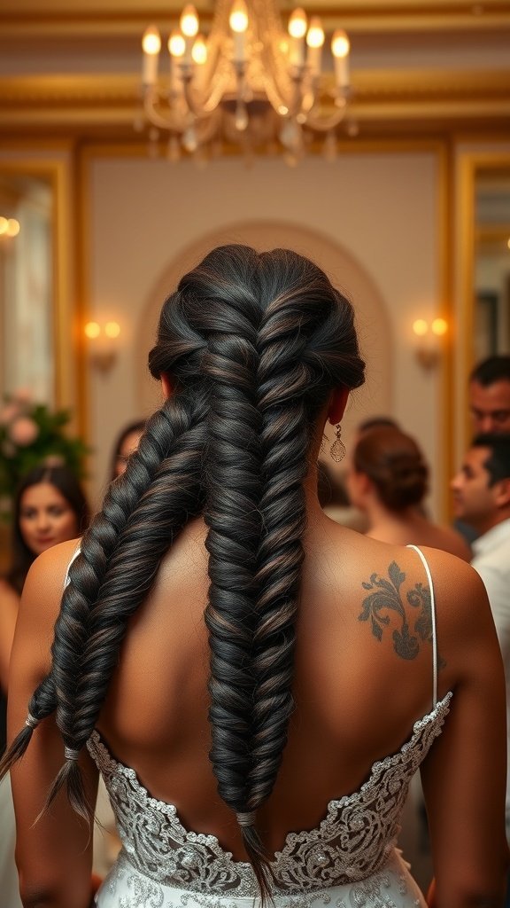 A woman with elegant knotless braids styled for a special occasion, showcasing intricate details and a chic look.