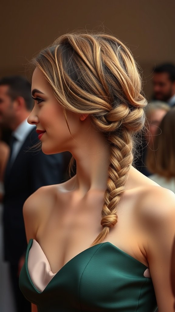A woman with a stylish braided hairstyle, showcasing a boho chic look suitable for special occasions.