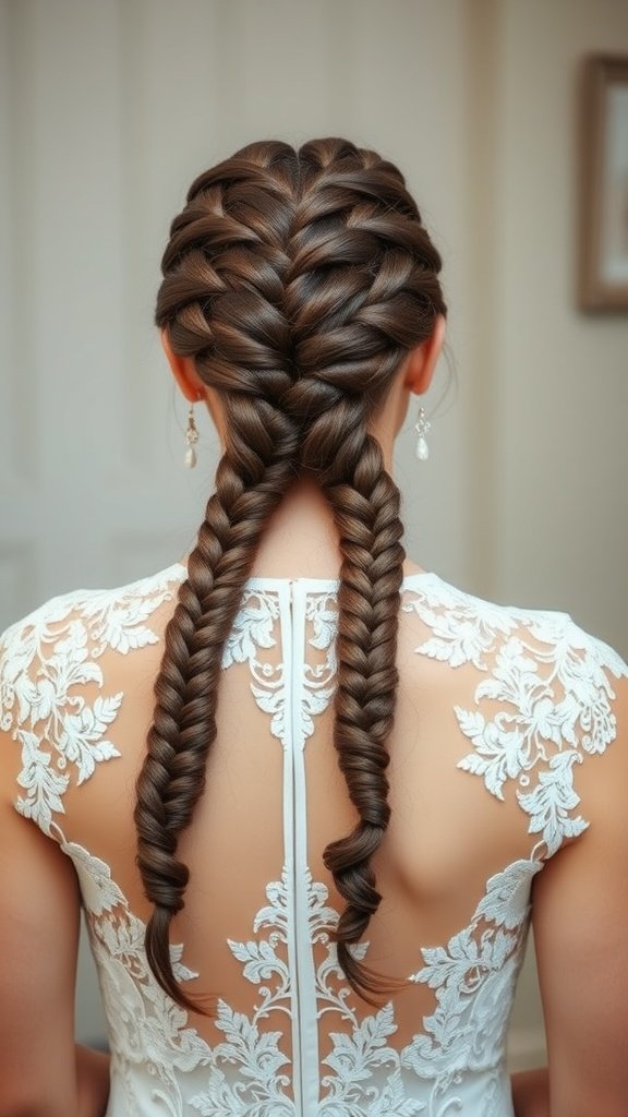 A woman with two neat braids styled elegantly, showcasing a beautiful hairstyle perfect for special occasions.
