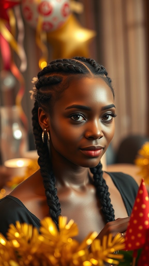 A woman with short bohemian knotless braids, surrounded by festive decorations.