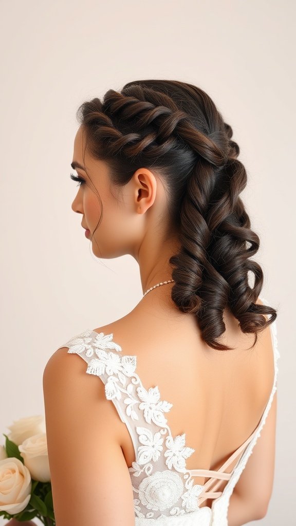 A woman with short knotless braids with curly ends, wearing a beautiful dress and holding a bouquet.
