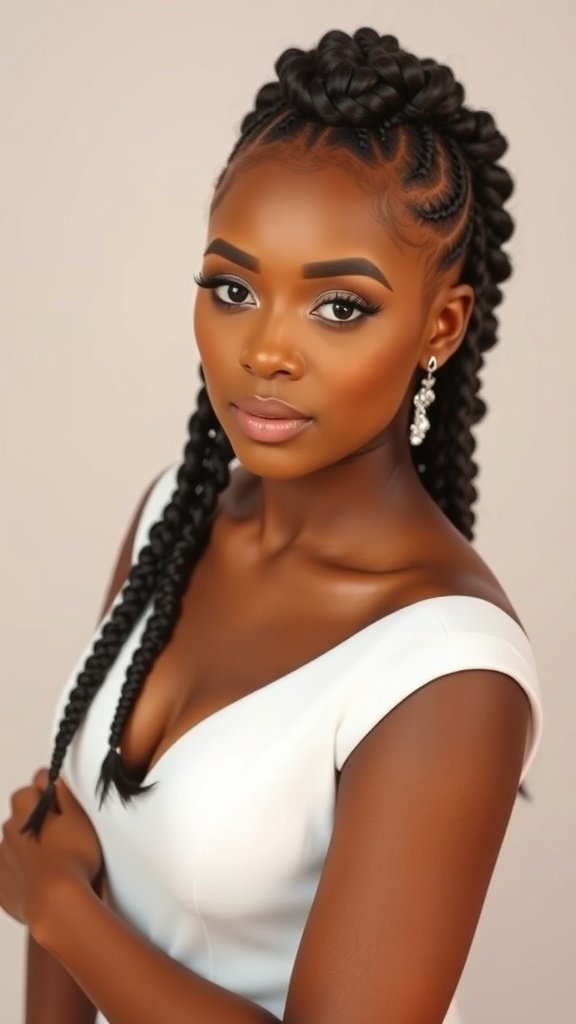 A woman with xs knotless braids styled elegantly, wearing a white dress and earrings.