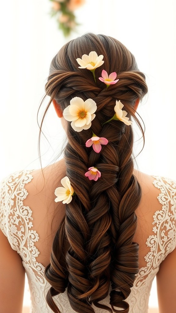 A beautiful braided hairstyle with flowers, showcasing knotless braids.
