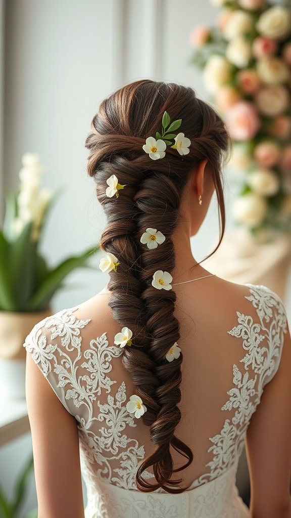 A woman with a beautiful braided hairstyle adorned with flowers, showcasing knotless braids.