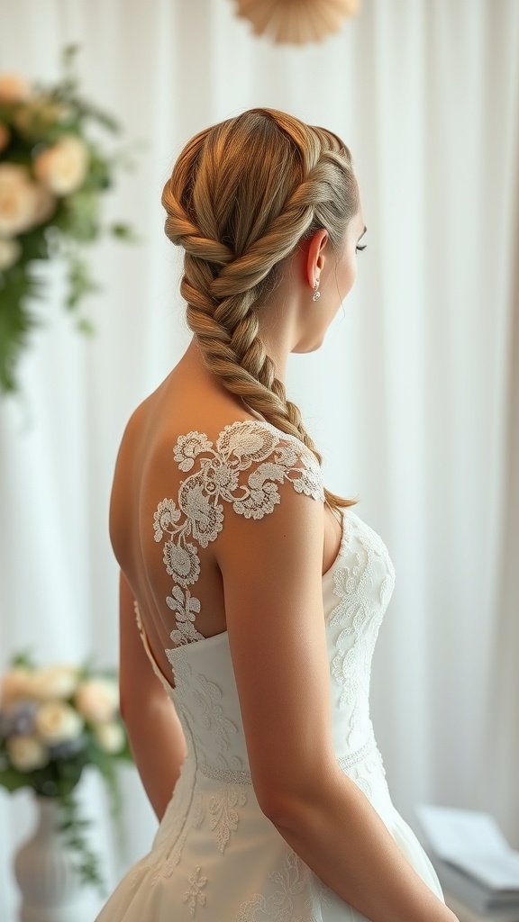 A woman with a beautiful braided hairstyle wearing a wedding dress, showcasing an elegant look.