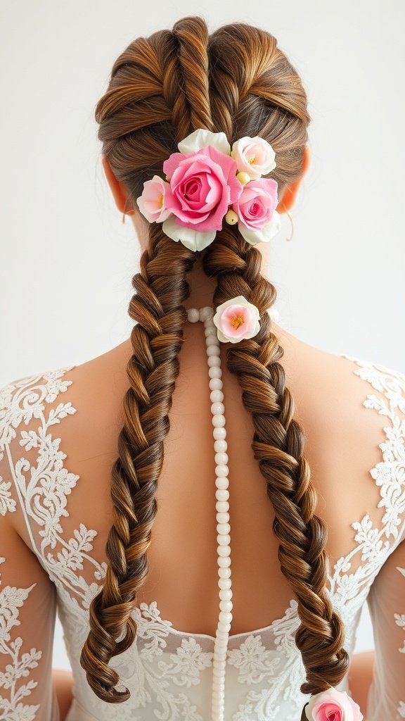 A woman with two thick knotless braids decorated with flowers, showcasing a beautiful hairstyle for special occasions.