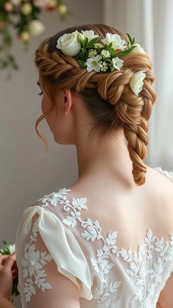 A woman with a beautiful braided hairstyle adorned with flowers, showcasing a romantic and elegant look.