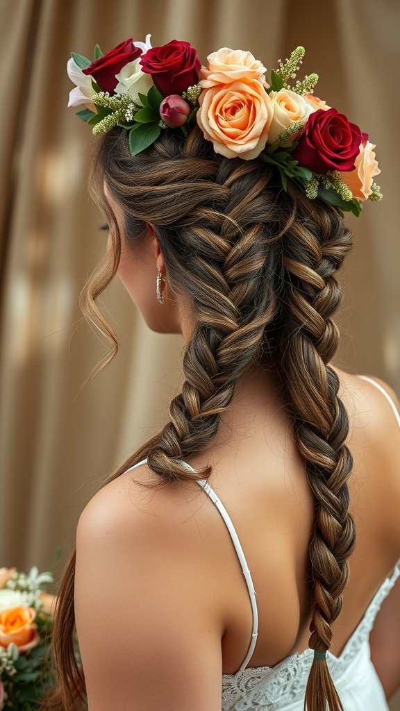 A woman with large boho knotless braids adorned with a floral crown, showcasing a stylish and elegant hairstyle.