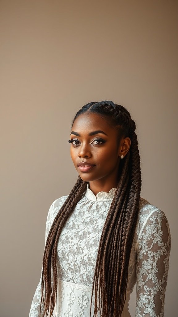 A woman with honey brown knotless braids styled elegantly for a special occasion.