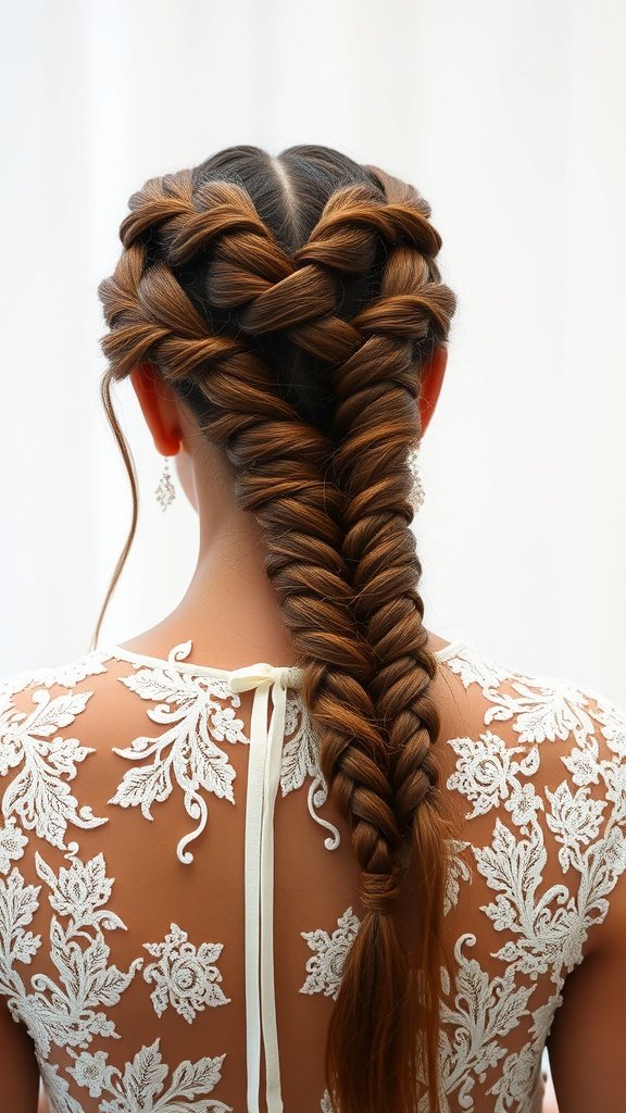 A woman with honey brown knotless braids styled elegantly for a special occasion, showcasing intricate braiding and a beautiful lace dress.
