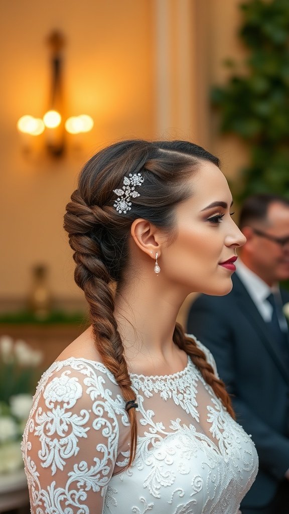 A woman with elegant knotless braids styled for a special occasion, adorned with a decorative hairpiece.