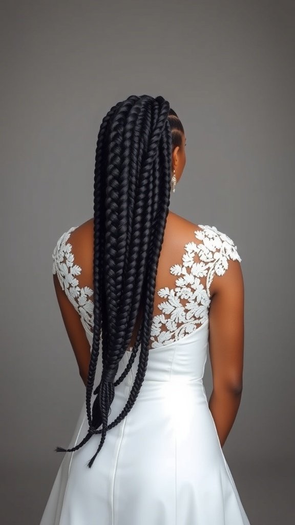 A bride with large knotless box braids, wearing an elegant white dress.