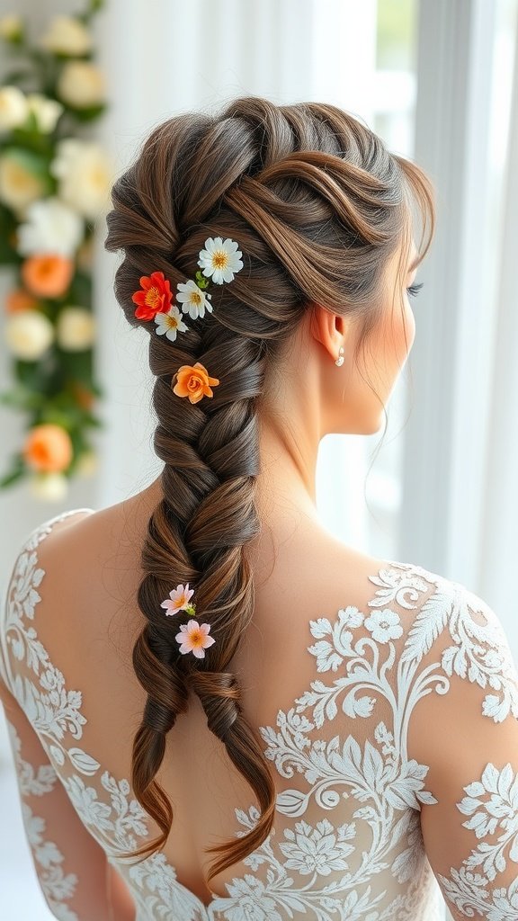 A woman with a beautiful braided hairstyle adorned with flowers, showcasing a stylish and elegant look.